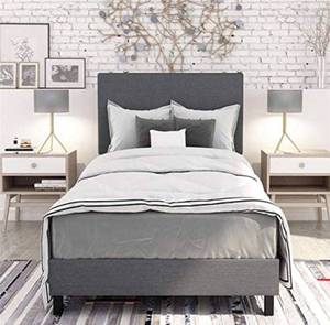 lot 55702 image: retail 199.99 DHP Janford Upholstered Platform Bed with Modern Vertical Stitching on Rectangular Headboard, Twin, Gray Linen
