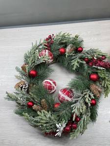 lot 55724 image: Orchid & Ivy 24-Inch Holiday Front Door Wreath with Plaid Christmas Ornaments, Red Berries, Frosted Greenery - Festive Faux Pine Winter Decoration - Decorative Rustic Farmhouse Xmas Home Decor