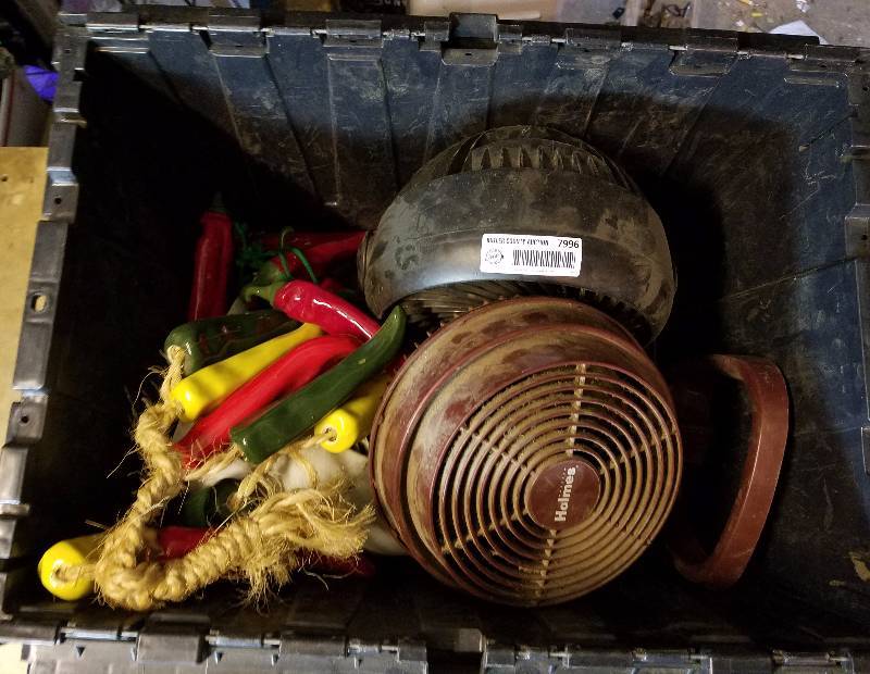 lot 7996 image: Bench Indoor Fans and Hanging Glass Chillies
