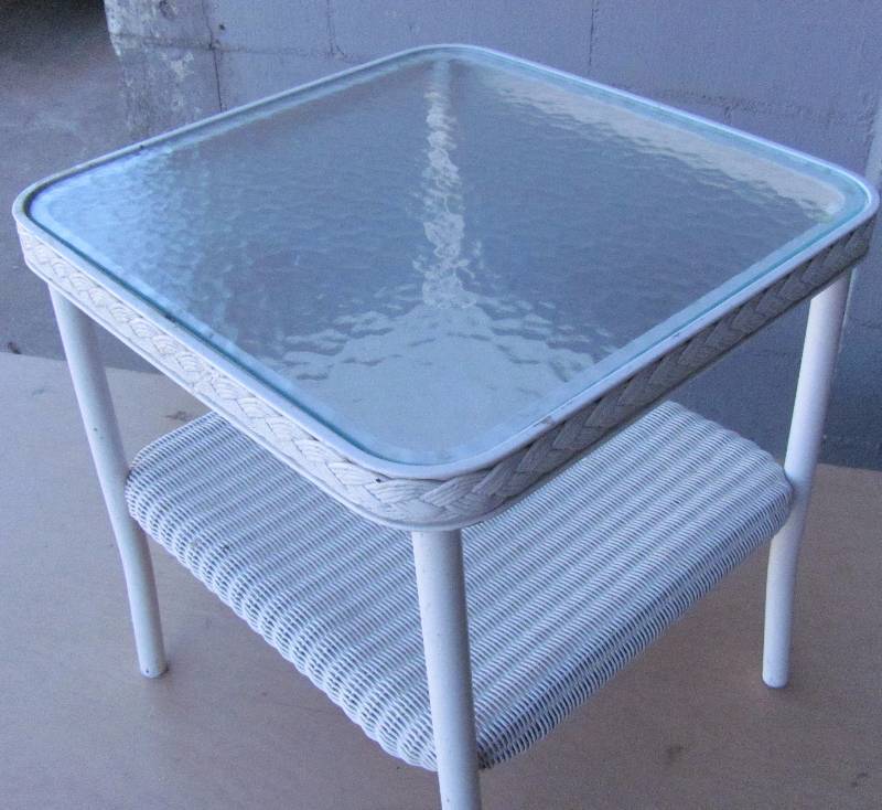 lot 7139 image: Wicker and Glass Table 18 square X 20 tall