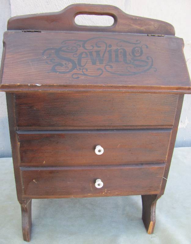 lot 7177 image: Wooden Sewing Box - Free-standing with carry handle, drawers and quick-access compartments