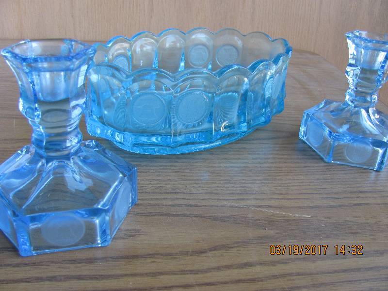 lot 6017 image: Blue Glass dish and candle sticks with Liberty Bell coin NICE