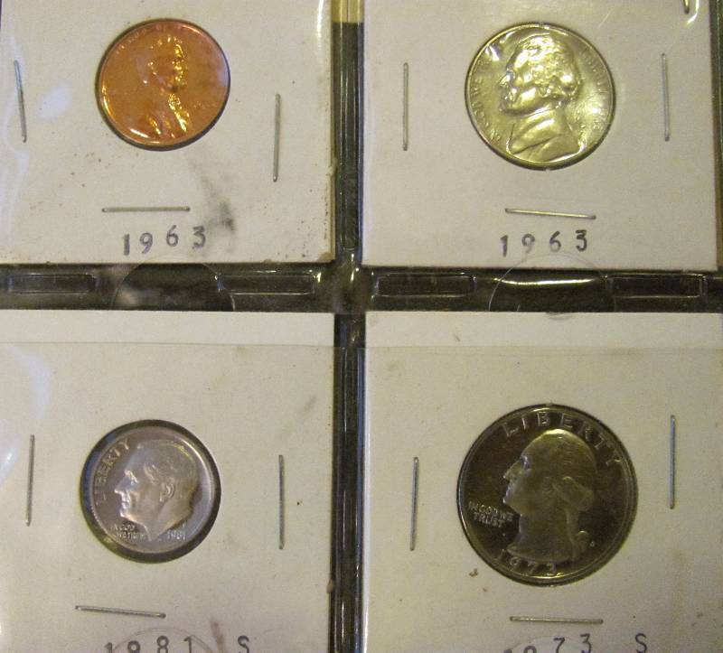 lot 6160 image: 4 Proof Coins - 1963 penny, 1963 nickel, 1981 S dime, 1973 S Quarter