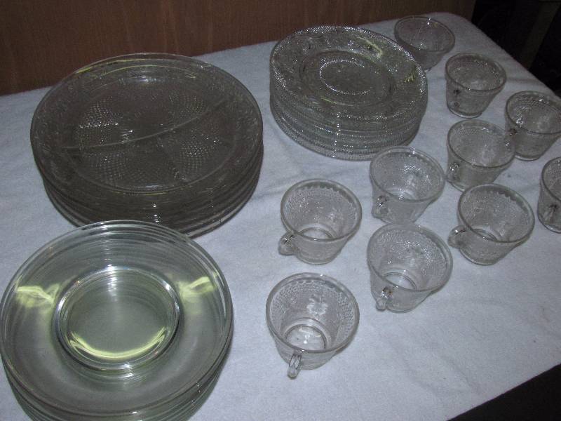 lot 6222 image: Assorted Glassware - divided plates, cups, saucers