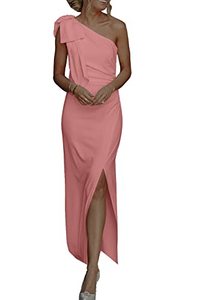 lot 1005 image: PRETTYGARDEN Womens Summer One Shoulder Long Formal Dresses Sleeveless Ruched Bodycon Wedding Guest Slit Maxi Dress (Nude Pink,Large)