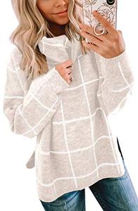 lot 1012 image: ECOWISH Women Pullover Sweater Turtleneck Plaid Long Sleeve Loose Casual Chunky Checked Knitted Winter Sweaters Jumper Tops Beige Medium