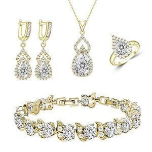 lot 1013 image: LMXXVJ Wedding Jewelry Sets for Women��White Cubic Zirconia Adjustable Ring Necklace Earrings Bracelet Set��18K Yellow Gold Plated Luxury Wedding Bridesmaid Jewelry