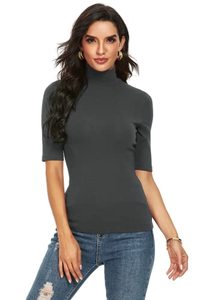 lot 1021 image: Womens Short Sleeve Mock Turtleneck Business Casual Tops Slim Fitted Plain Tee Shirts Gray