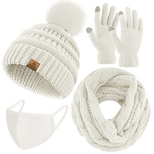 lot 1028 image: URATOT Winter Warm Knitted Sets Knitted Beanie Hat Scarf Face Cover Touchscreen Gloves Set for Men Women