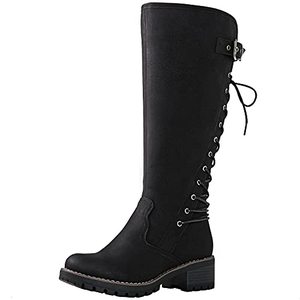 lot 1029 image: GLOBALWIN Womens Chunky Heel Black Lace Up Back Knee High Fashion Boots 8.5M