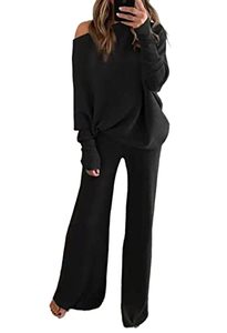 lot 1035 image: Linsery Womens Plus Size 2 Piece Knitted Tracksuit Sexy Off Shoulder Long Batwing Sleeve Pullovers Tops And Drawstring Wide Leg Pants Black X-Large