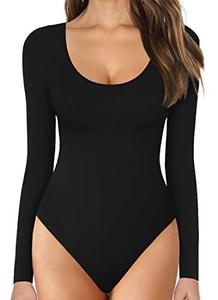 lot 1040 image: MANGOPOP Womens Scoop Neck Short Sleeve Long Sleeve Stretchy Basic Bodysuit Jumpsuits (B Long Sleeve Black, Small)