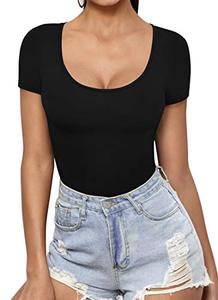 lot 1042 image: MANGOPOP Womens Scoop Neck Short Sleeve Long Sleeve Slim Fit T Shirt Tunic Tops Tee (A Short Sleeve Black, Large)