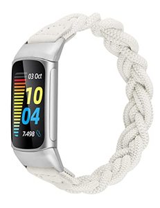 lot 1049 image: Compatible with Fitbit Charge 5 Bands for Women Girls Stretchy White Braided Elastic & Smooth Peach Elastic Sport Replacement Strap Accessories