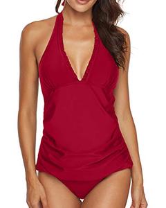 lot 1051 image: AnnJo Two Piece Swimsuit Sexy V-Neck Ruffle Halter Backless Flyaway Tankini Suit (Medium, Burgundy)