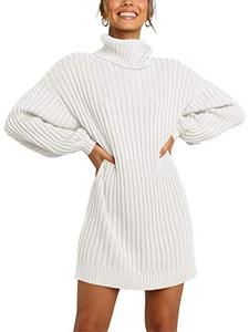 lot 1064 image: Prinbara Womens Turtleneck Long Sleeve Elasticity Chunky Ribbed Knit Pullover Sweaters Dresses White 2PA40-baise-S