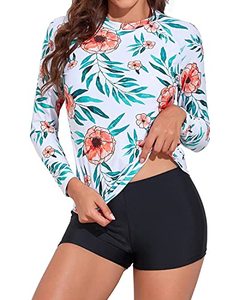 lot 1067 image: Daci Women White Flower Two Piece Rash Guard Long Sleeve Swimsuits UV UPF 50 Swim Shirt Bathing Suit with Boyshort Bottom M