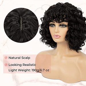 lot 1071 image: LONAI Short Black Brown Curly Wig with Bangs for Women 14 Black Brown Wigs with Bangs Curly Synthetic Wig for Daily Use Party Cosplay