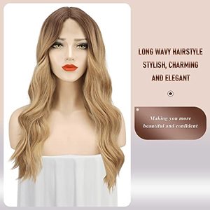 lot 1072 image: FESHFEN Long Wavy Ombre Blonde Wigs for Women, Lace Front Ombre Brown to Blonde Middle Parting Synthetic Balayage Brown Hair Wig for Daily Party 26 Inch