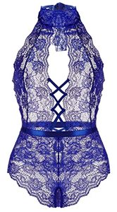 lot 1073 image: Memory baby Teddy Lingerie for Women Deep V Halter Lace Bodysuit One Piece Babydoll Blue,M