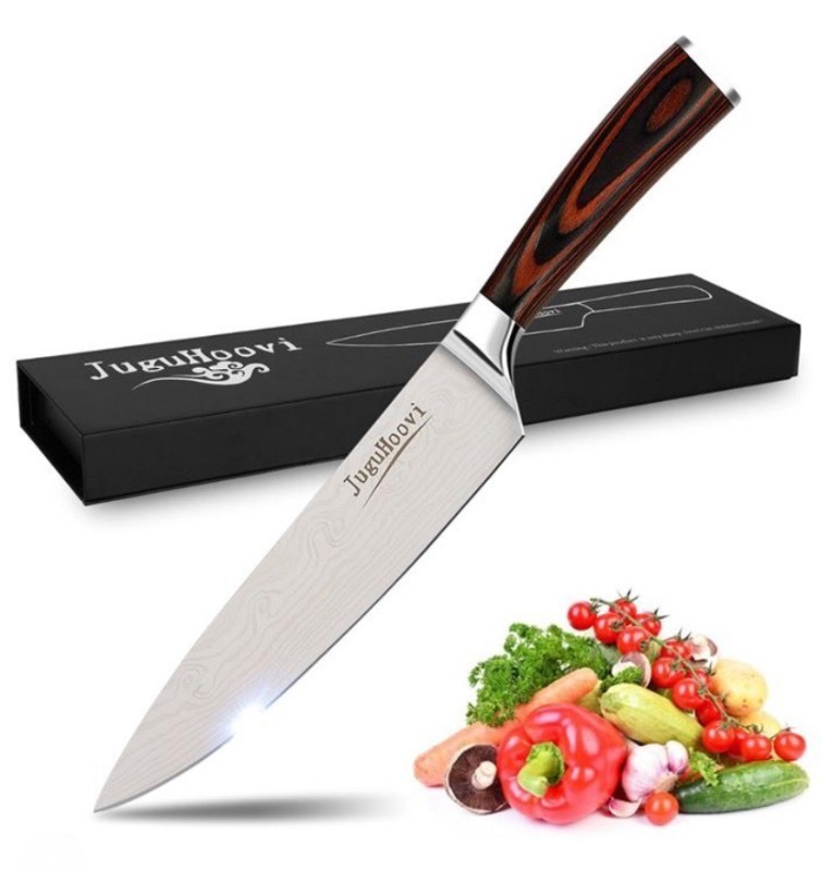 lot 11 image: New JuguHoovi 8 German Stainless Steel Multipurpose Chefs Kitchen Knife w Stones and Sheath