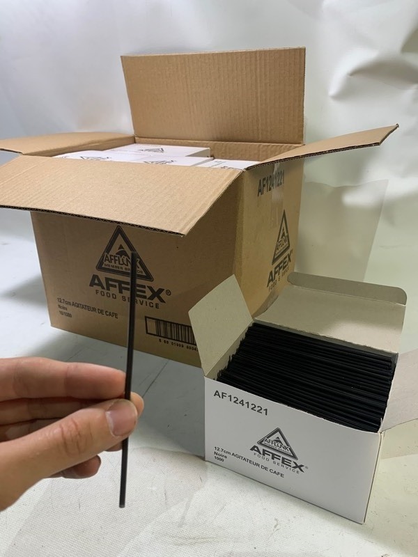 lot 545 image: 1 New Box of 10,000 Black 5 Affex Coffee StirrerStraws (10 boxes of 1000 each)