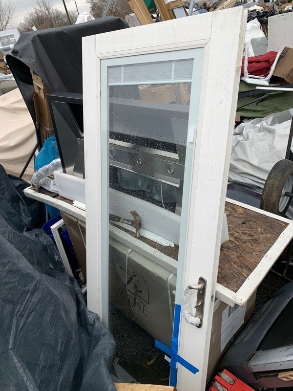 lot 65 image: Masterpiece 71x80 Glass Patio Door w Built In Sliding Blinds, White