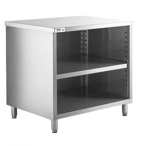 lot 45 image: Regency 30 x 36 16 Gauge Type 304 Stainless Steel Enclosed Base Table with Open Front and Adjustable Midshelf