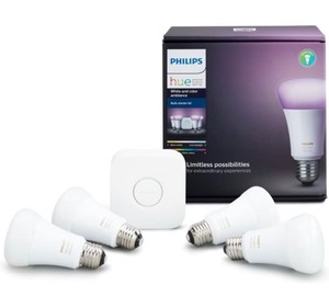 lot 22 image: New Philips Hue White and Color Ambiance A19 60W Equivalent LED Smart Bulb Starter Kit (4 A19 Bulbs and 1 Hub Compatible with Amazon Alexa Apple HomeKit and Google Assistant)