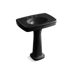 lot 53 image: Kohler Bancroft Series 30 Pedestal Bathroom Sink w 8 Widespread Faucet Holes, Black