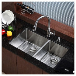 lot 3104 image: Kraus 33 inch Undermount 6040 Double Bowl 16 gauge Stainless Steel Kitchen Sink
