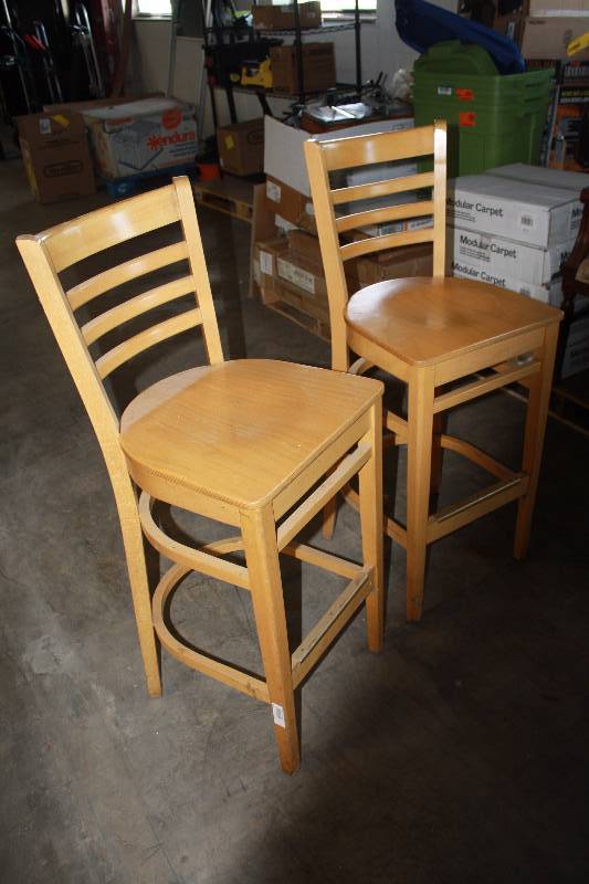 lot 6453 image: 2 Tall 30 inch Solid Wood Bar Chairs with wood backs
