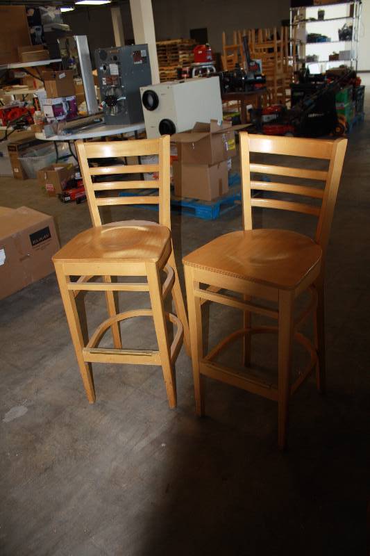 lot 6251 image: 2 Tall 30 inch Solid Wood Bar Chairs with wood backs