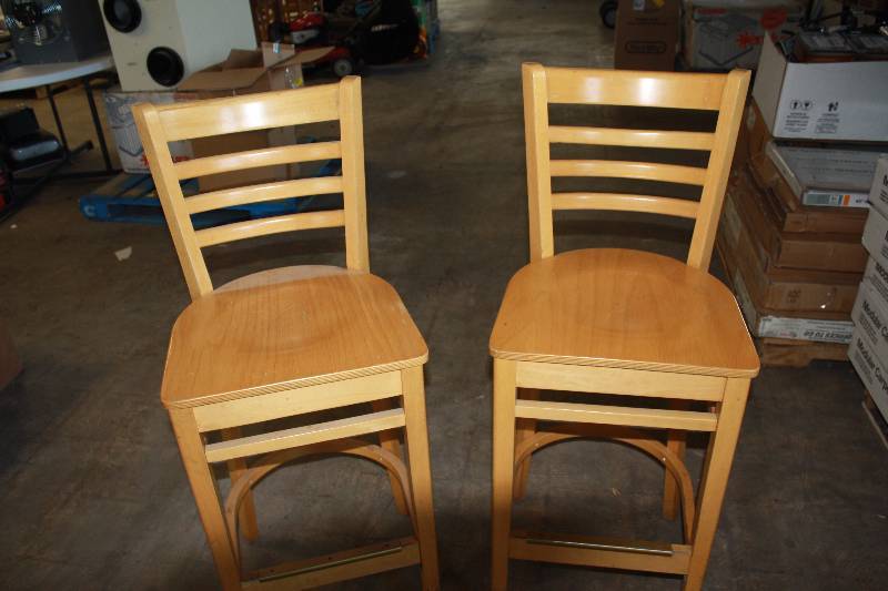 lot 6452 image: 2 Tall 30 inch Solid Wood Bar Chairs with wood backs