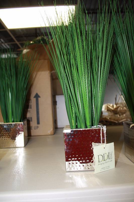 lot 4430 image: Silk Grass in Rectangular Metal Decorative Vase -1