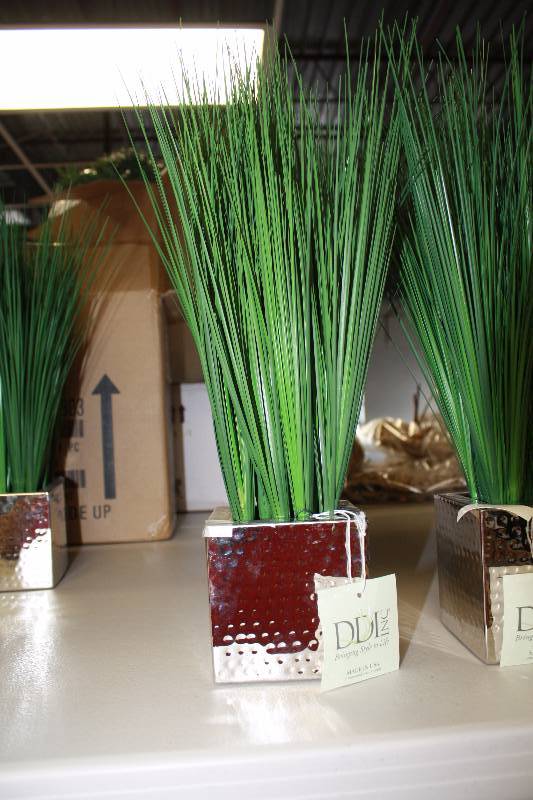 lot 4431 image: Silk Grass in Rectangular Metal Decorative Vase -1