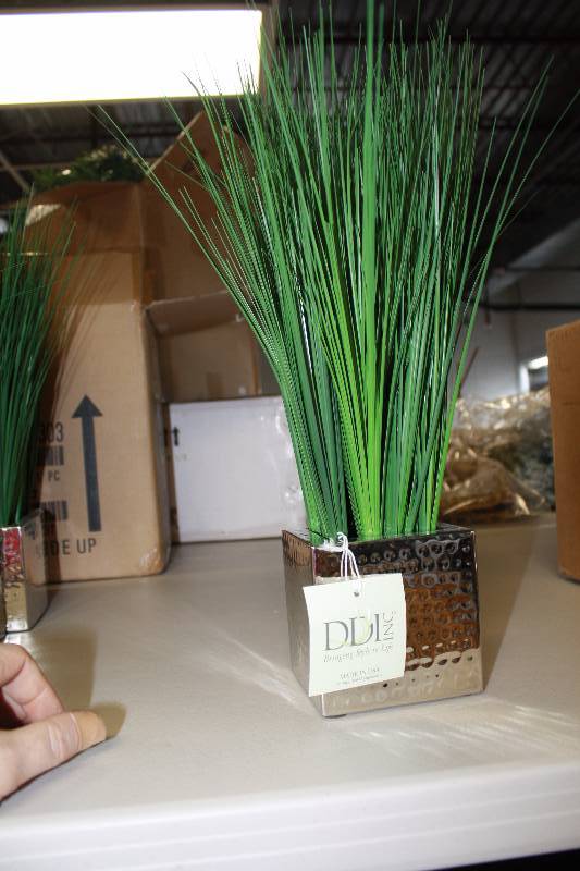 lot 4434 image: Silk Grass in Rectangular Metal Decorative Vase -1