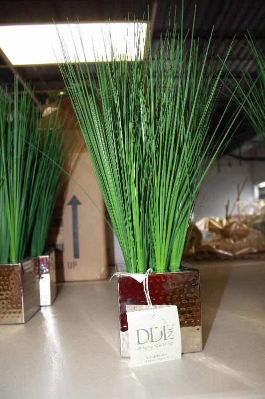 lot 4438 image: Silk Grass in Rectangular Metal Decorative Vase -1