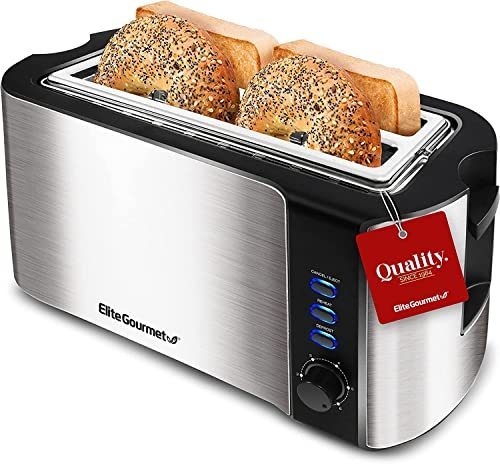 lot 210036 image: Elite Gourmet ECT-3100 Long Slot 4 Slice Toaster, Reheat, 6 Toast Settings, Defrost, Cancel Functions, Built-in Warming Rack, Extra Wide Slots for Bagels & Waffles, Stainless Steel & Black