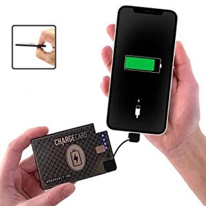 lot 44303 image: ChargeCard. Ultra-Thin Credit Card Sized Portable Charger & Battery Bank. (2300mAh 1.5A Fast Charge). External Battery Phone Charger That has Interchangeable Cables (Lightning, USB-C, Micro USB) (B096YLDN3C)