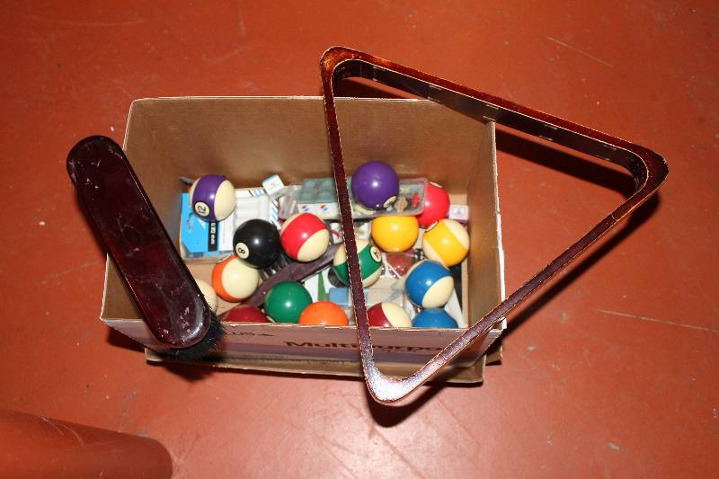 lot 7 image: Pool Table Accessories- Balls, racks, sticks and more