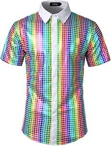 lot 1268 image: JOGAL Mens Sequins Short Sleeve Button Down Shirt (Size S)