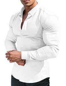 lot 2336 image: URRU Mens Muscle Dress Shirts Slim Fit Stretch Button Down Shirt (Size L)