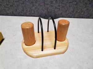 lot 24 image: Wood Salt and Pepper Shackers with Matching Napkin Holder