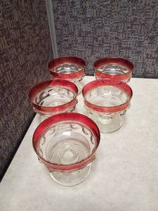 lot 39 image: Tiffin Sherbet Cup Kings Crown Ruby Red Thumbprint Champagne Glass Lot of 8
