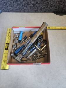 lot 83 image: Flat of Tools #3 - Hammer - Screw Drivers - Drill Bits and More