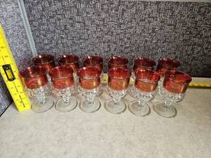lot 122 image: Set of 12 Kings Crown Ruby Red Flash Glass Thumb Print Wine Glasses - All Glasses Look Great