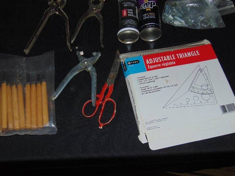 lot 1009 image: Craft Tool Lot Rivet setters, leather spray, carving tools, triangle, scissors