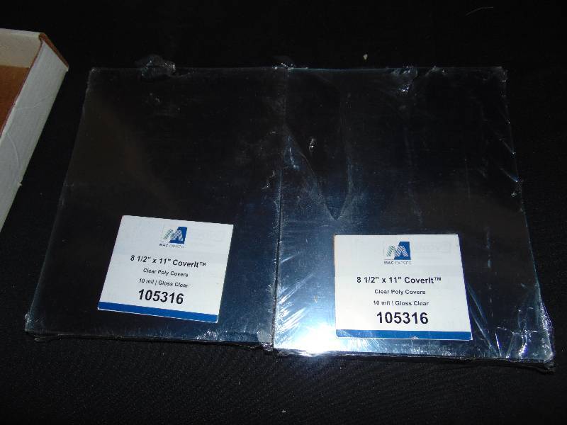 lot 1032 image: (2) ct. lot Mac Papers 8-12 x 11 Coverlt Clear Poly Covers, 10 mil gloss clear, approx 100 per package