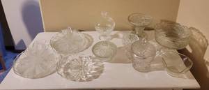 lot 143 image: Clear Glass Compote, Candy Dishes, and Plates.